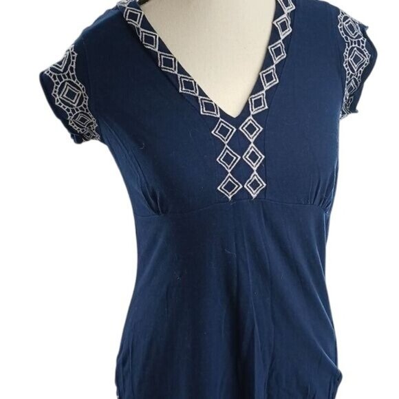 BCBGMaxazria Blouse Blue Embroidered Empire Waist Short Sleeve Size Large - Picture 3 of 7